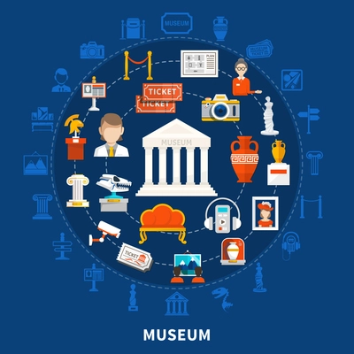 Museum blue background with color icons in round design including paleontology archaeological historical artifacts and  art objects flat vector illustration