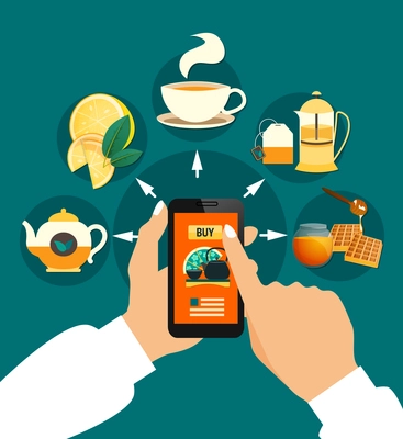 Tea buying online composition with smartphone in hands, cup, teapots, honey, lemon on green background vector illustration