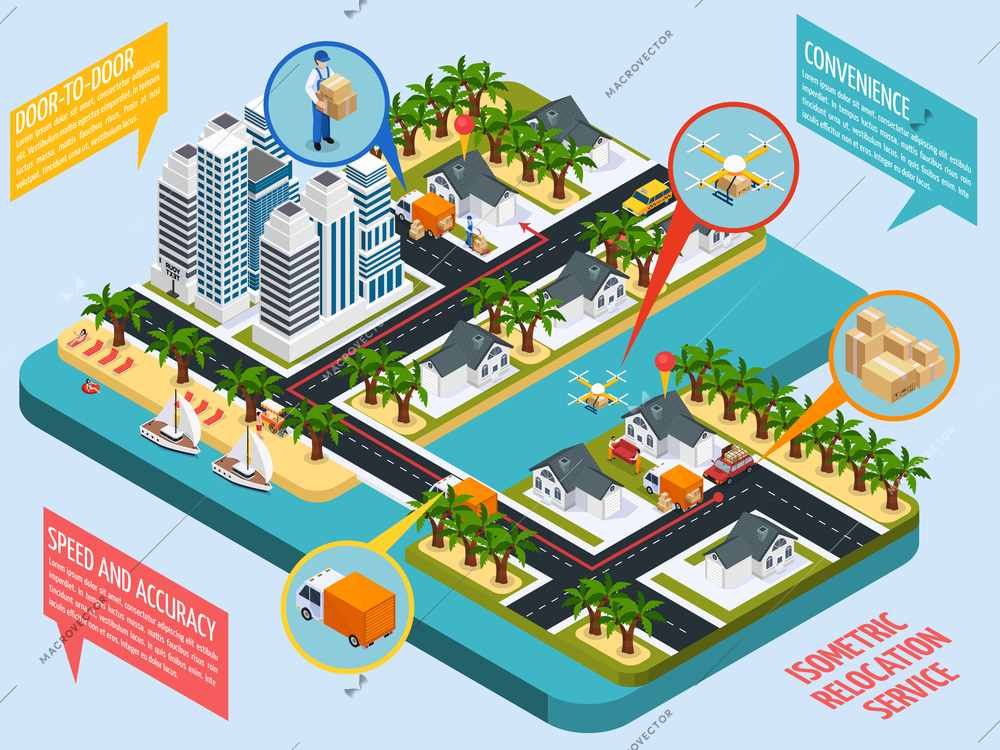 Relocation service isometric composition with company workers, drones and trucks in city on blue background vector illustration