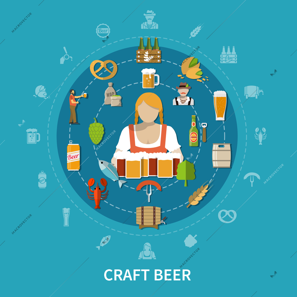 Oktoberfest characters cold lager beer and snacks on blue background flat vector illustration