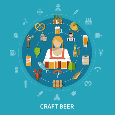 Oktoberfest characters cold lager beer and snacks on blue background flat vector illustration