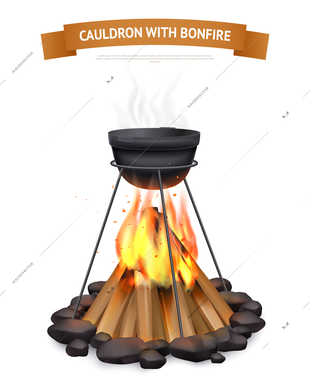 Realistic pot campfire background composition of images with cauldron above realistic bonfire with smoke and text vector illustration