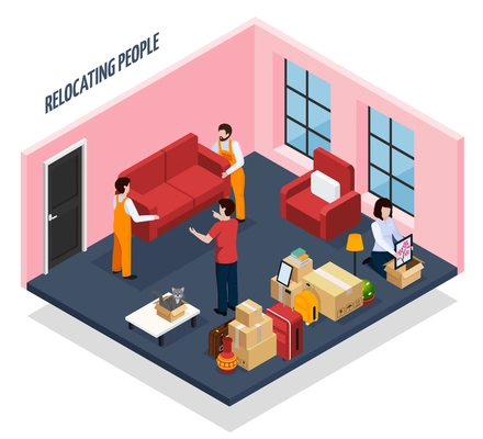 Relocating people isometric composition with loaders carrying sofa from apartment, stacked home stuffs in boxes vector illustration