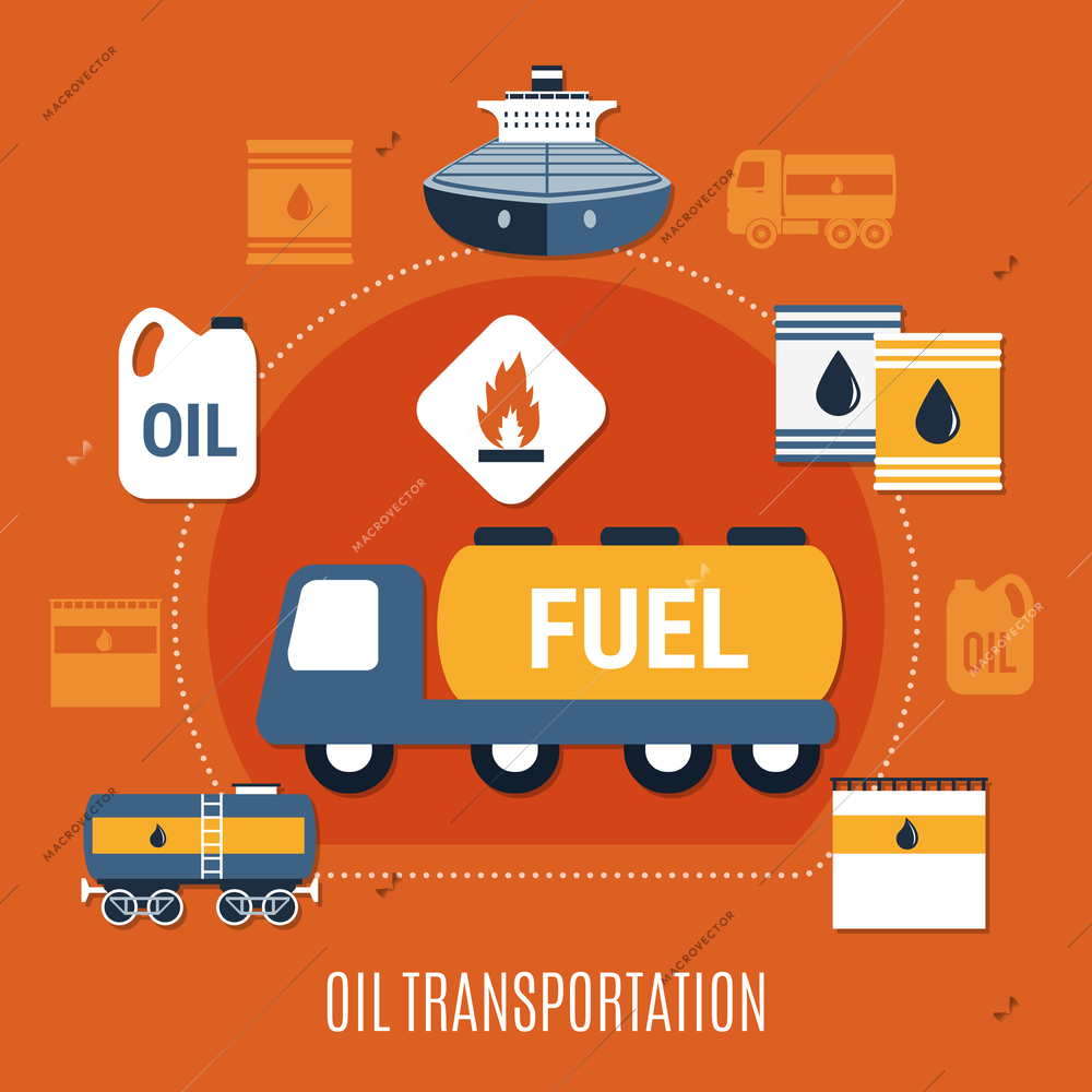 Fuel pump colored composition with oil transportation headline and transport in flat style vector illustration