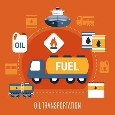 Fuel pump colored composition with oil transportation headline and transport in flat style vector illustration