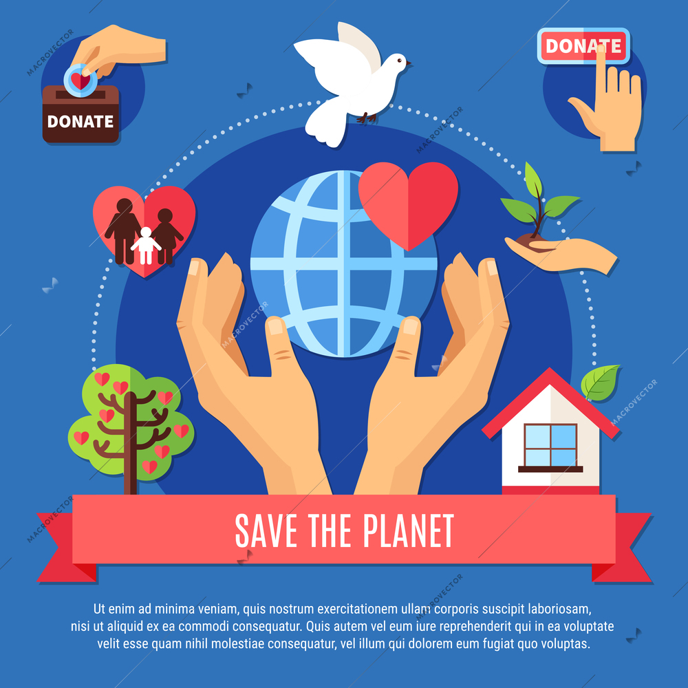 Charity background concept with human hands globe symbol and different charitable giving pictograms with editable text vector illustration