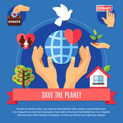 Charity background concept with human hands globe symbol and different charitable giving pictograms with editable text vector illustration