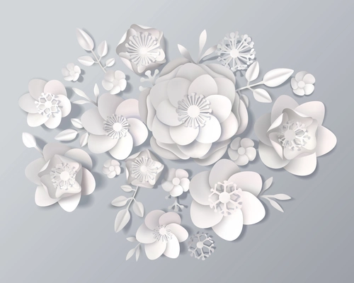 Set of realistic white paper flowers of various kinds with leaves on grey background 3d vector illustration