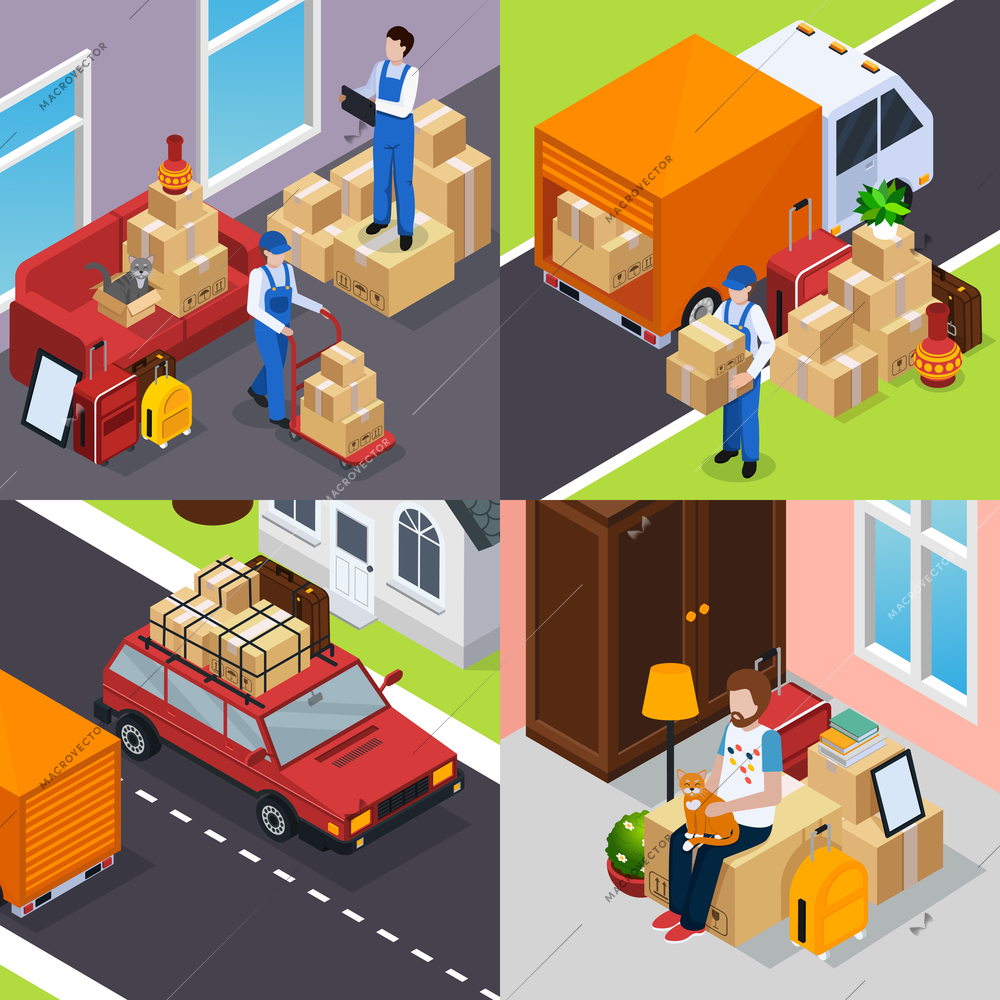Relocation isometric concept with company workers, person with home stuffs waiting for moving, vehicles isolated vector illustration