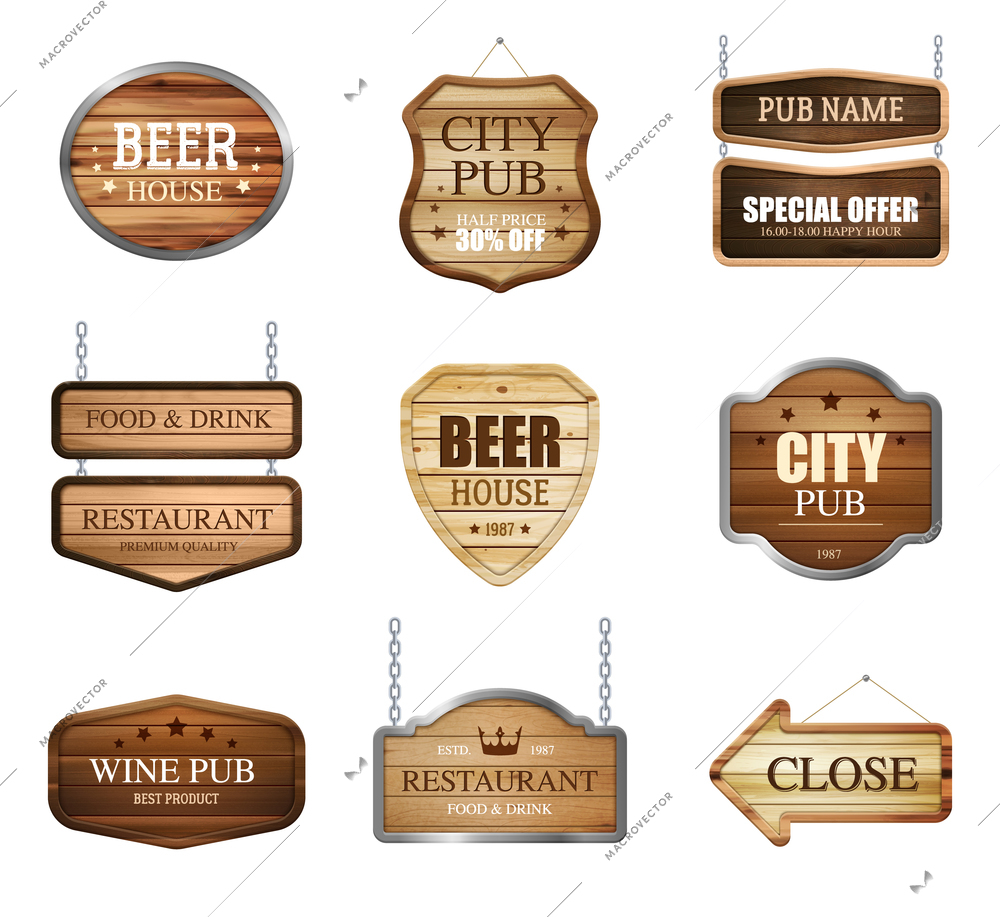 Realistic wooden texture sign set of isolated sign plate images for pub restaurant with editable text vector illustration