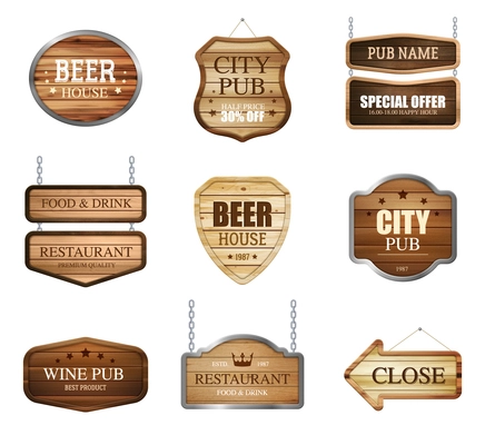 Realistic wooden texture sign set of isolated sign plate images for pub restaurant with editable text vector illustration