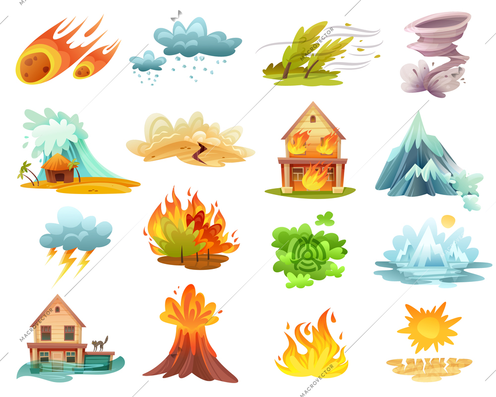 Natural disasters cartoon set of  icons with fires, tsunami, flood, volcano eruption, ice melting isolated vector illustration