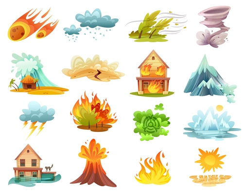 Natural disasters cartoon set of  icons with fires, tsunami, flood, volcano eruption, ice melting isolated vector illustration