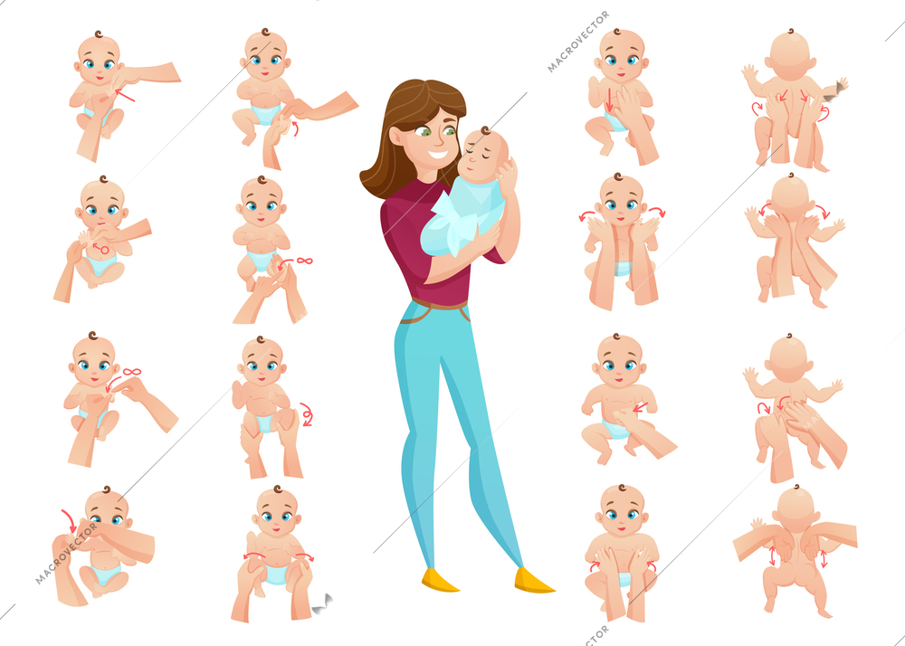 Baby massage set with mother and baby flat isolated vector illustration