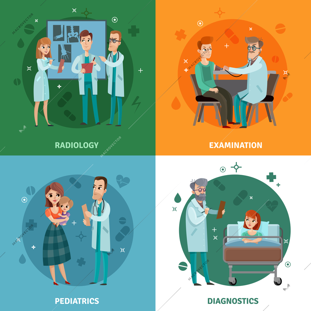 Doctors and patients design concept with radiology, medical examination, pediatrics, diagnostics in hospital care isolated vector illustration