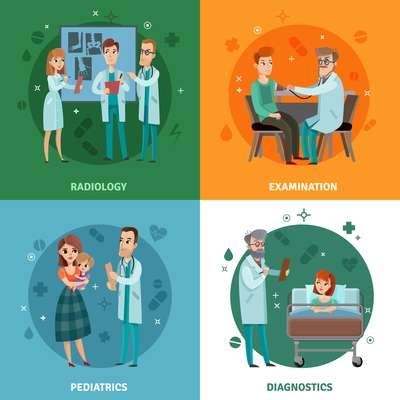 Doctors and patients design concept with radiology, medical examination, pediatrics, diagnostics in hospital care isolated vector illustration