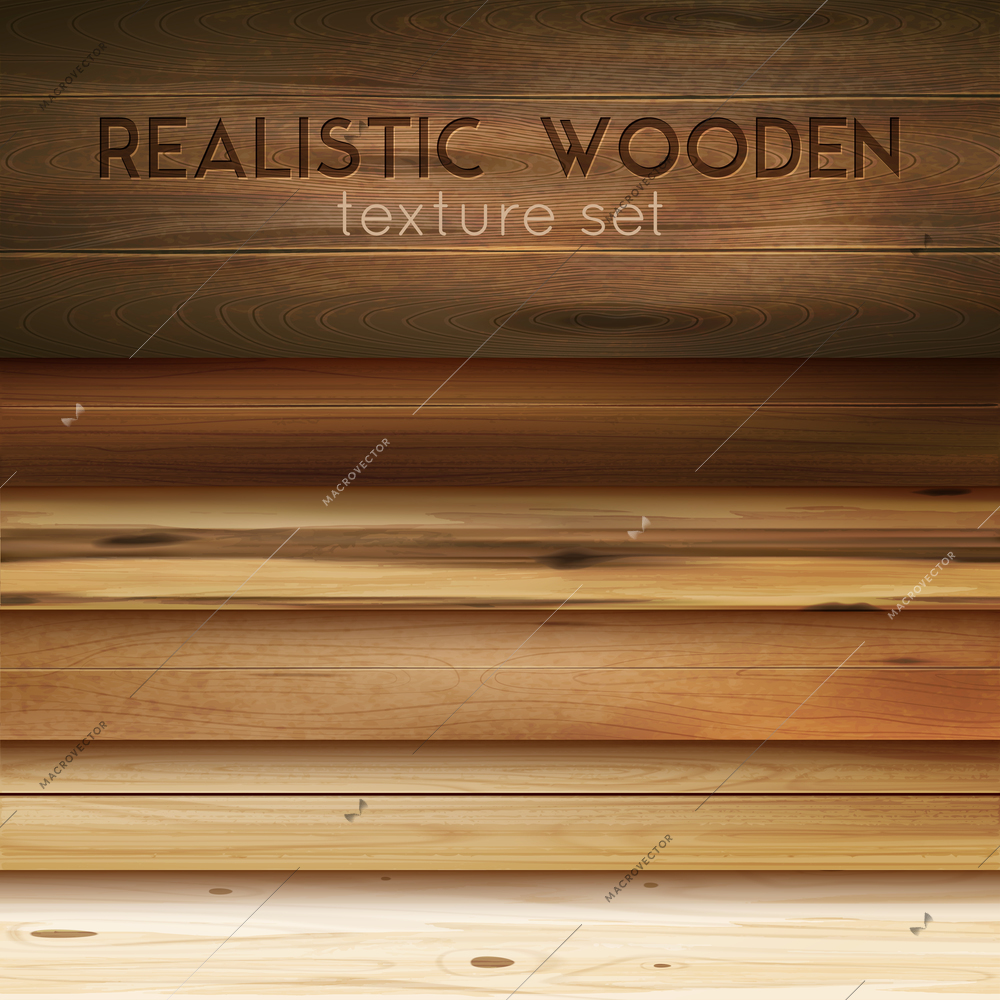 Realistic wooden texture horizontal set with editable text and cumbersome images of polished wood patterns vector illustration