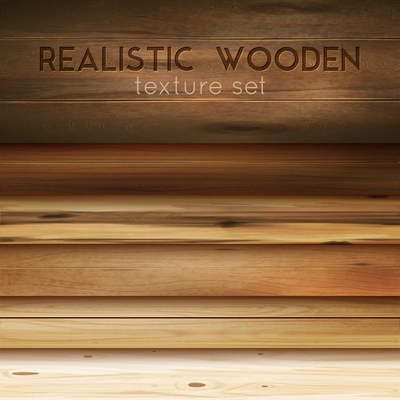 Realistic wooden texture horizontal set with editable text and cumbersome images of polished wood patterns vector illustration