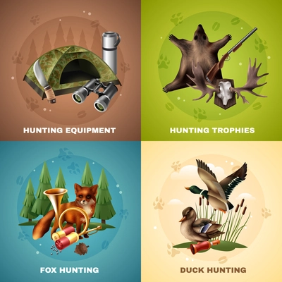 Hunting design concept with equipment and trophies, wild animals including fox and ducks isolated vector illustration