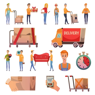Courier secure delivery service orthogonal icons collection with parcels dispatch transportation and handling equipment isolated vector illustration