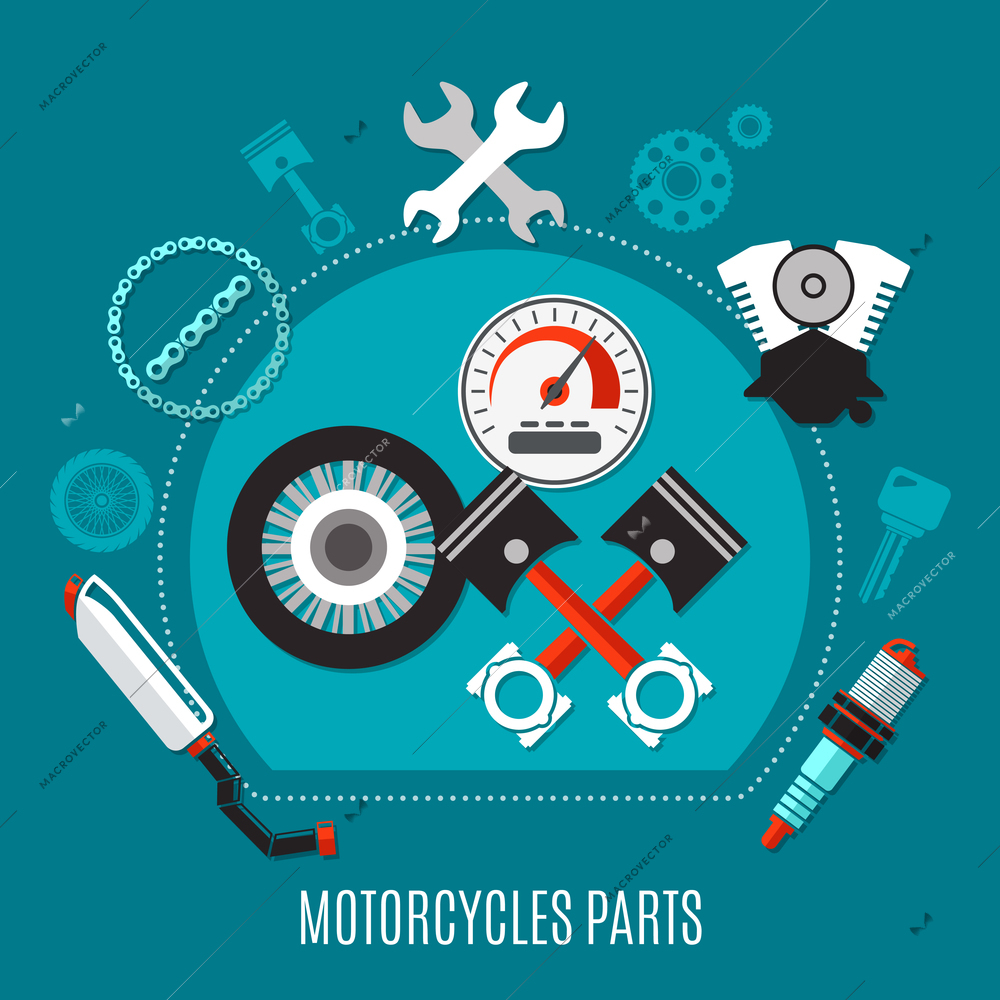 Motorcycles parts design concept with speedometer tire pistons exhaust muffler spark plug engine decorative icons flat vector illustration