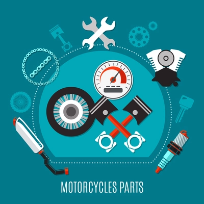 Motorcycles parts design concept with speedometer tire pistons exhaust muffler spark plug engine decorative icons flat vector illustration