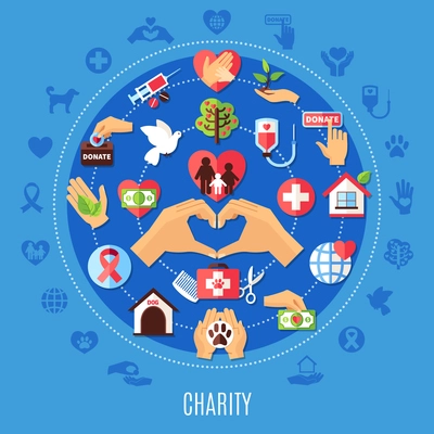 Charity round composition with set of isolated emoji style donation icons and decorative symbols with silhouettes vector illustration