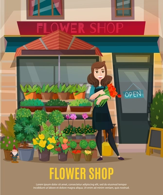 Flower shop with flowers collection and shop assistant symbols flat vector illustration