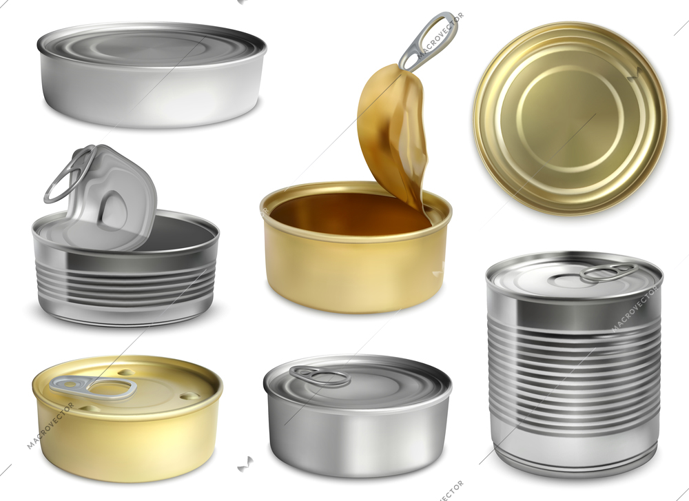 3d can mockup set of isolated preserve tin images of different shape and size open and closed vector illustration