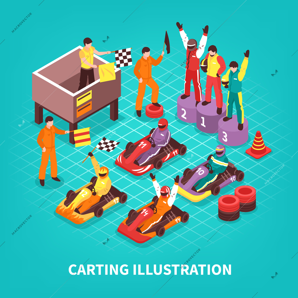 Isometric carting composition with isolated images of racing drivers on pedestal and carts with text vector illustration