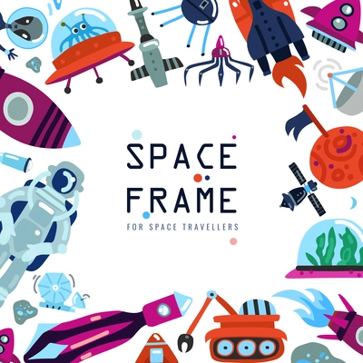 Flat design frame with outer space vehicles equipment cosmonaut and funny aliens on white background vector illustration