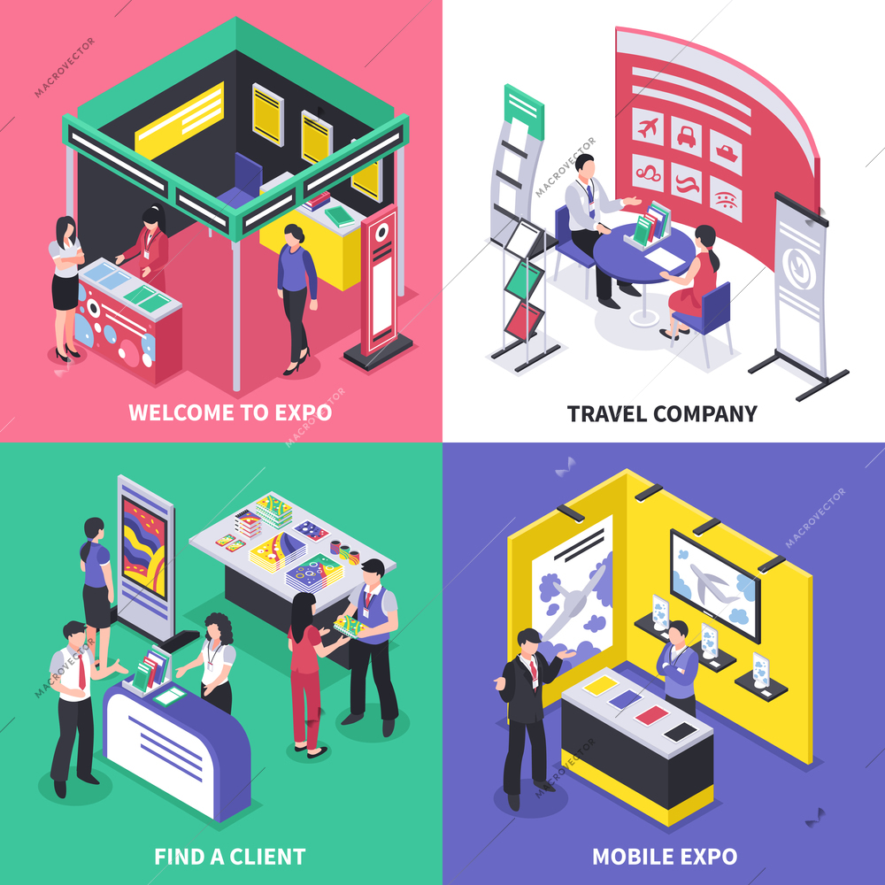 Isometric expo stand exhibition design concept with images of different exhibit booth with ads and human characters vector illustration