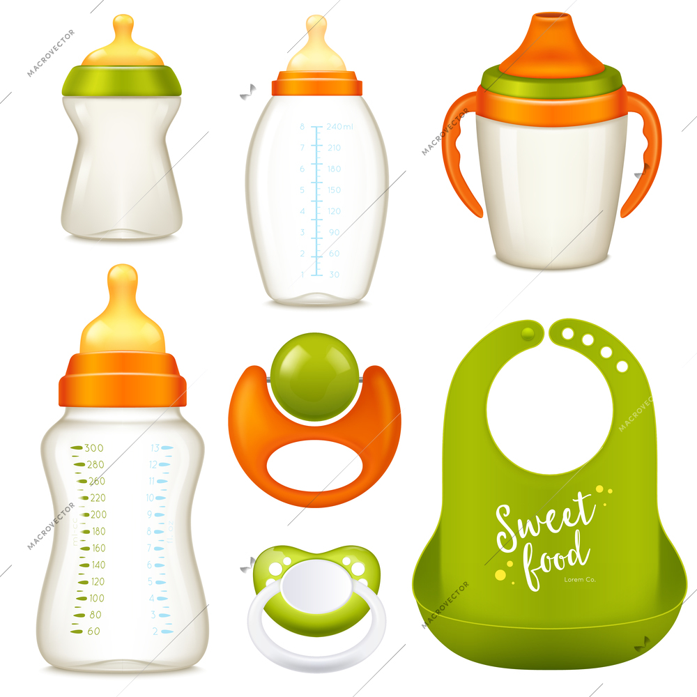 Realistic baby bottle milk set of isolated sucking bottles for milk and water with dummies vector illustration