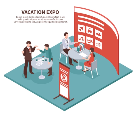 Isometric expo stand exhibition conceptual composition with editable description and images of exhibit booth for tour operator vector illustration