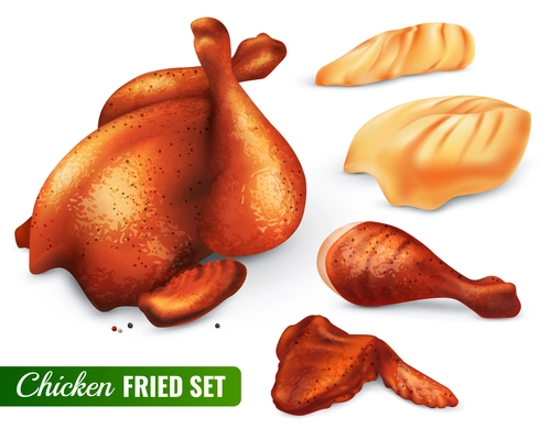 Fried chicken set with hen leg and wing, fillet, carcass with spices, 3d design isolated vector illustration