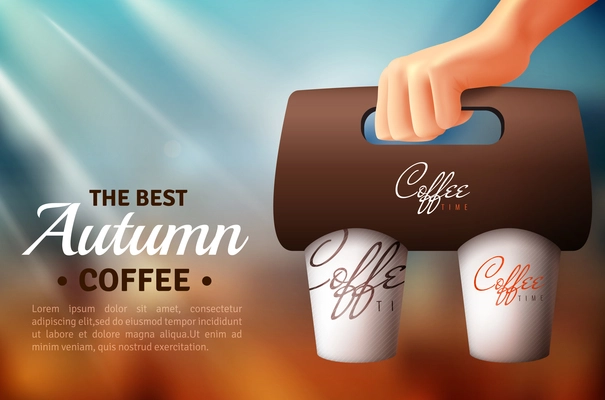 Street food packaging poster including hand holding coffee cup with brand identity on blurred background vector illustration