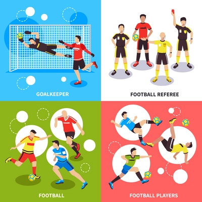 Football soccer design concept with flat images of faceless human characters in strip with balls and goalposts vector illustration