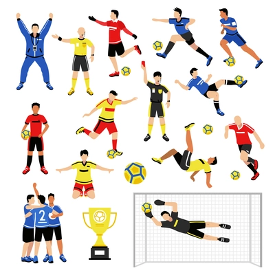 Football soccer player set of isolated faceless human characters of teammates referee and competition trophy vector illustration