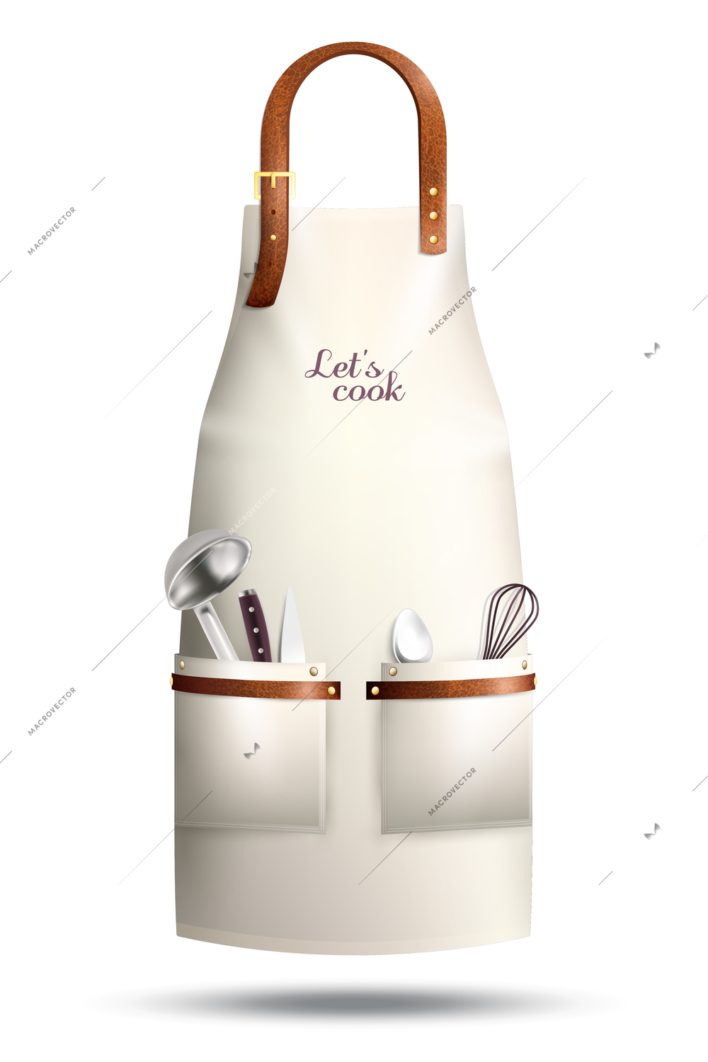 Realistic white cook apron with lettering, culinary utensils in pockets, loop from brown leather isolated vector illustration