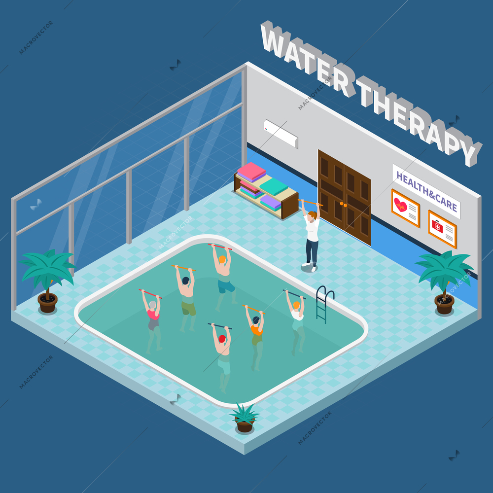 Colored physiotherapy rehabilitation clinic isometric interior with training with doctor in the pool vector illustration