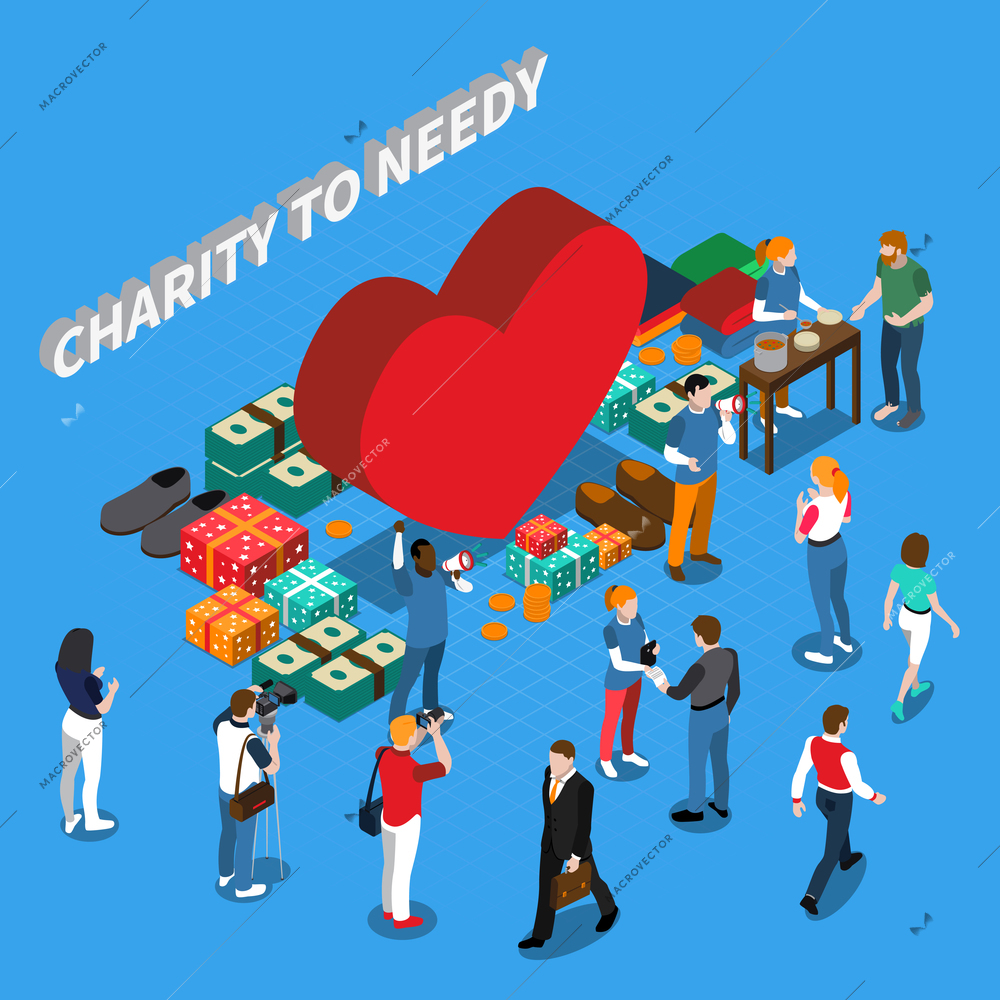 Colored volunteer charity people isometric concept with charity to needy and big heart composition vector illustration