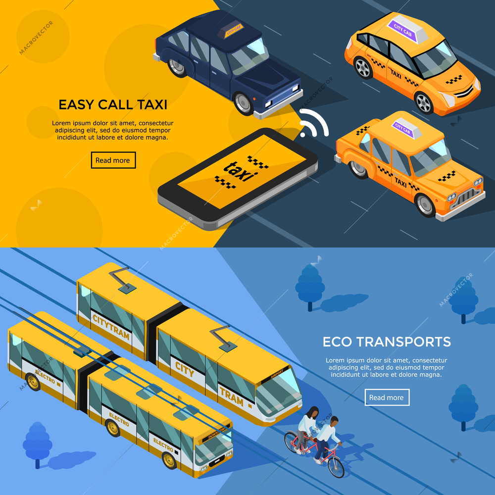 City transport horizontal banners set of easy call and eco transport compositions with tram trolley and taxi cars isometric icons vector illustration