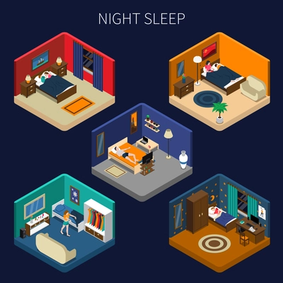 Night sleep set of isometric compositions with good rest and disorders on dark background isolated vector illustration