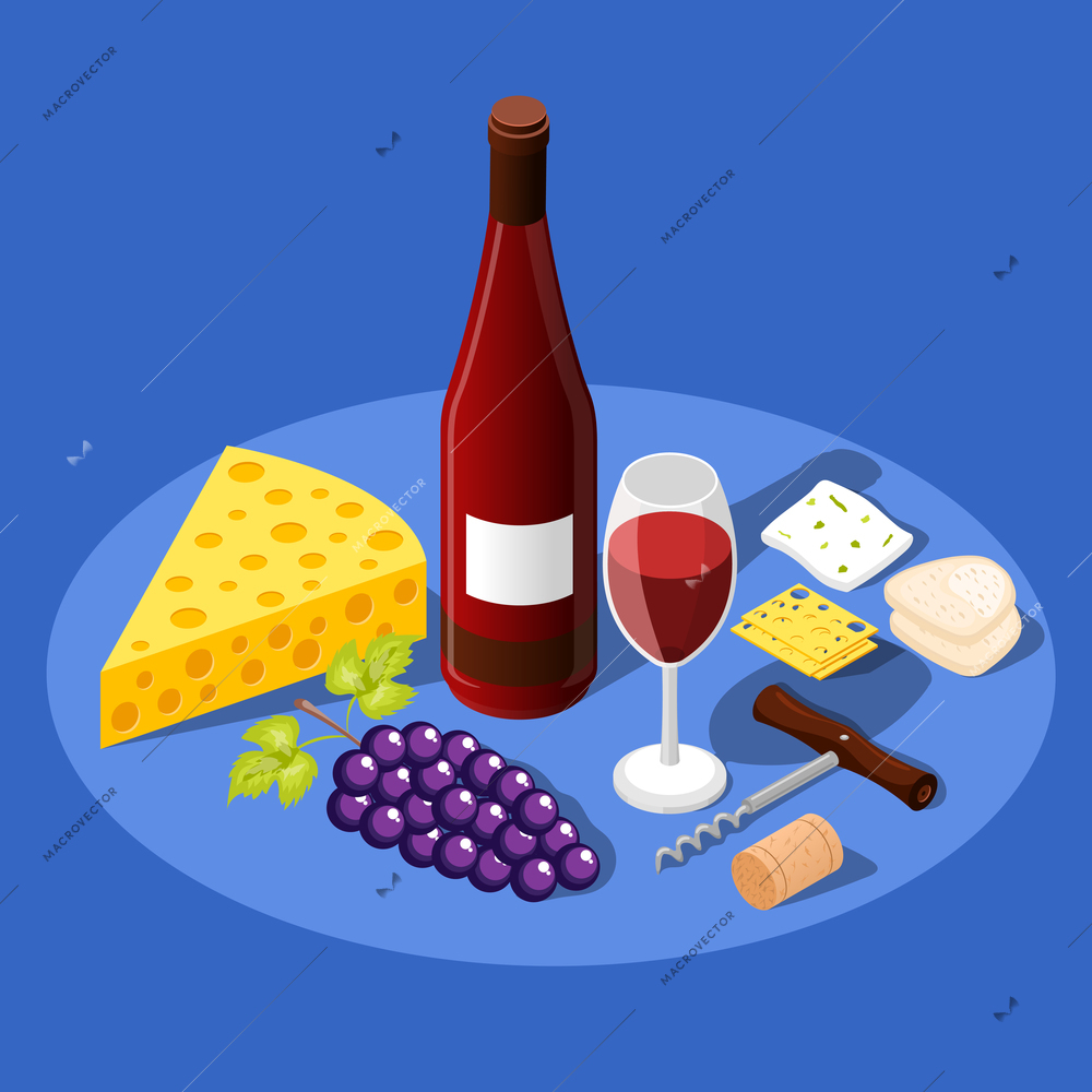 Isometric wine production background with images of circle cheese pieces bunch of grapes glass and corkscrew vector illustration