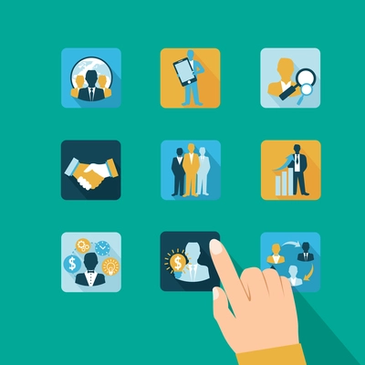 Hand touching business and management icons concept vector illustration.