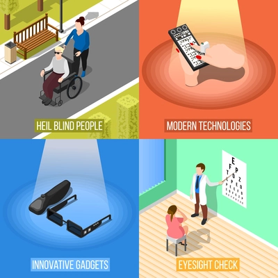 Isometric blind people design concept with four square compositions of modern gadgets for partially sighted people vector illustration