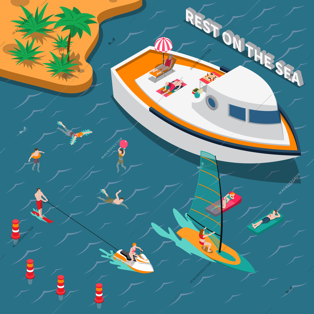 Colored water sports isometric people concept with rest on the sea headline vector illustration
