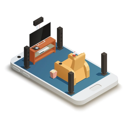 Isometric concept with modern home theater interior on smartphone screen 3d vector illustration