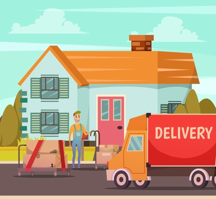 Courier service delivery moment orthogonal composition with truck and dispatcher man with parcels at door vector illustration