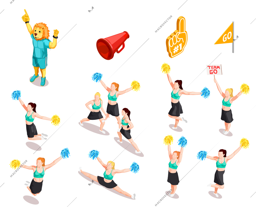 Cheerleading competition sport stunt collection with group of female characters in different poses isolated images set vector illustration